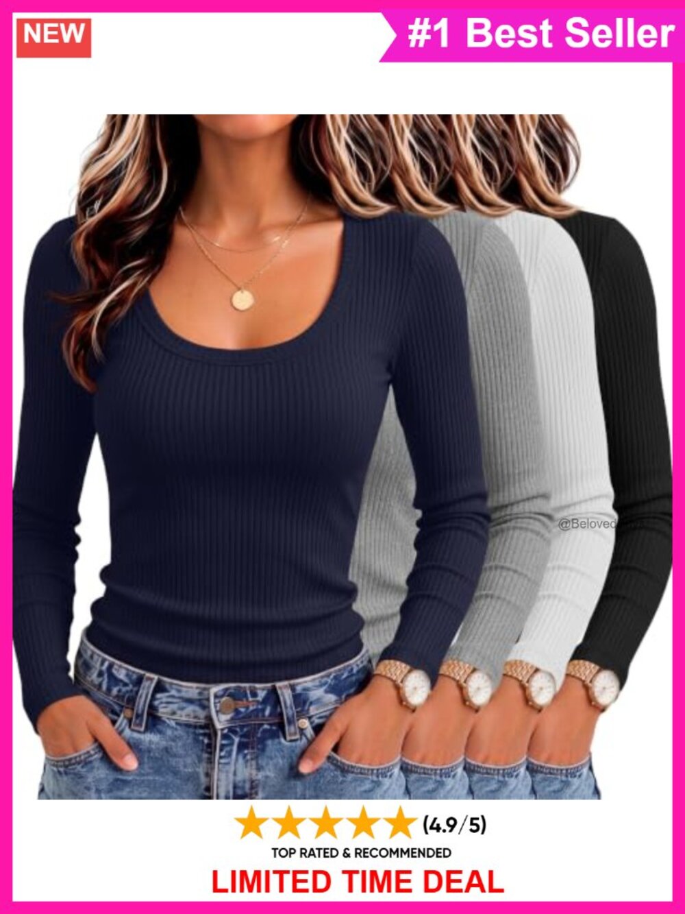 4 Pack Women's Cotton Ribbed Long Sleeve Shirts Slim Fit Layering Tees